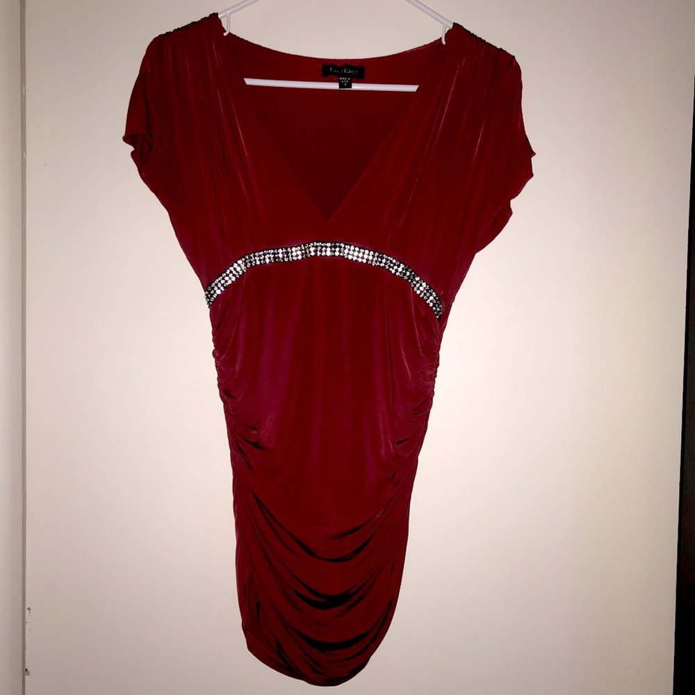 BEBE Red Ruched Top with Rhinestones
